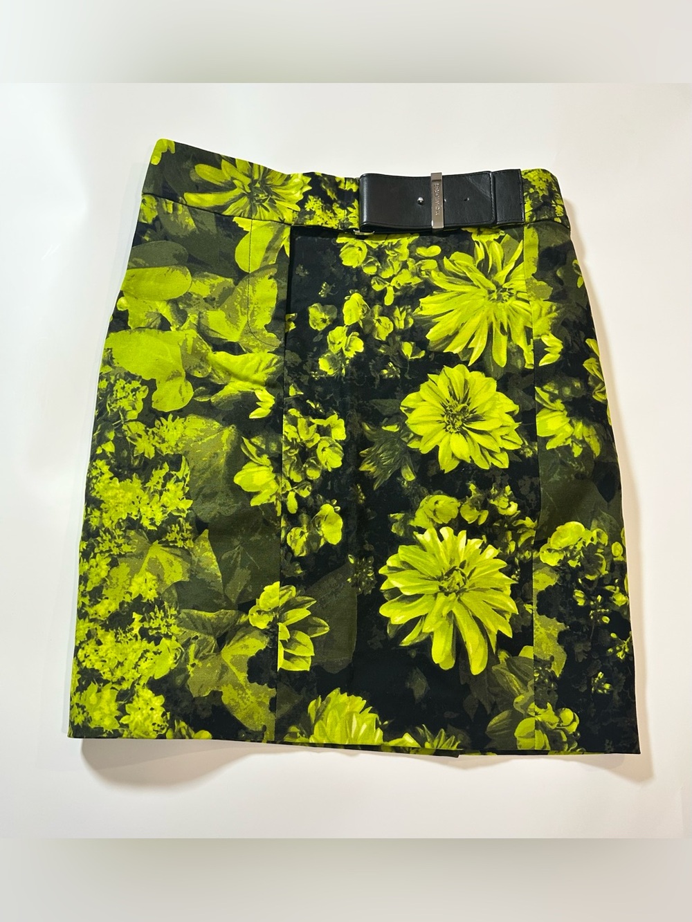 Michael Kors Floral Pencil Skirt Size 6 Lime Green Black Buckle Waist